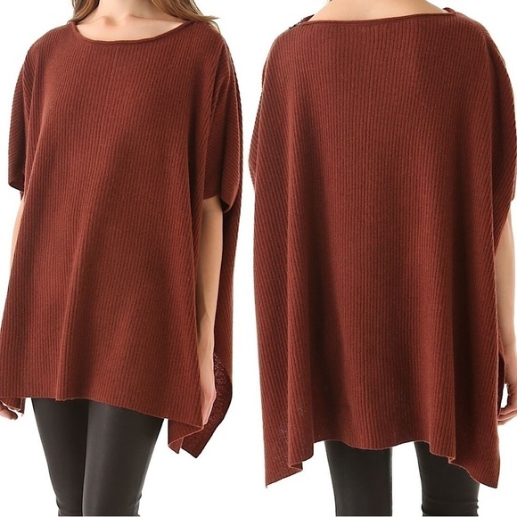 VINCE Rust Cashmere Wool Boatneck Zip Shoulder Rib Knit Loose Sweater Poncho XS - Picture 10 of 10